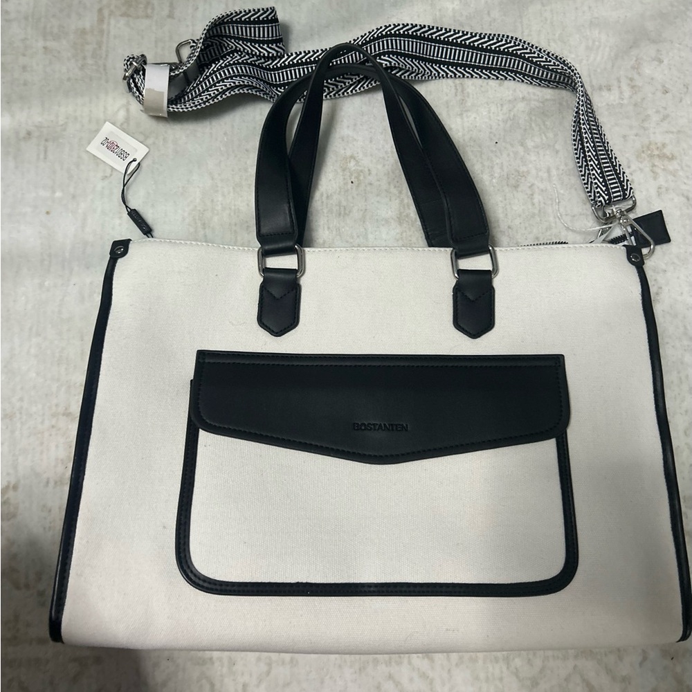 BOSTANTEN White Canvas Tote with Black Trim and Detachable Strap
